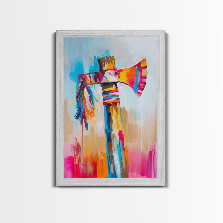 Colorful Feathered Axe Art - Framed Canvas Print, Vibrant Living Room Decor, Unique Wall Art, Modern Home Decor