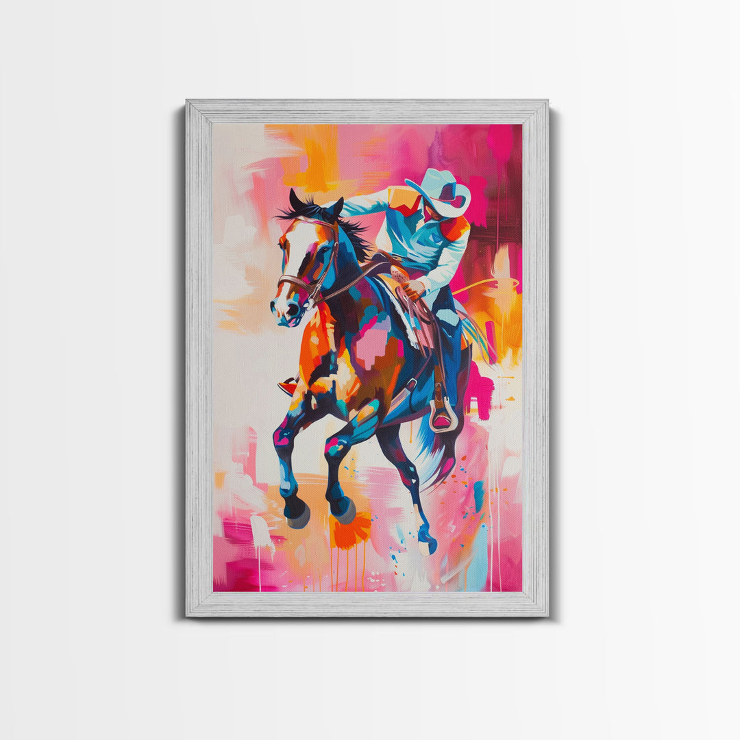 Colorful Cowboy Riding Horse Art - Framed Canvas Print, Vibrant Western Decor, Unique Living Room Wall Art, Home Decor