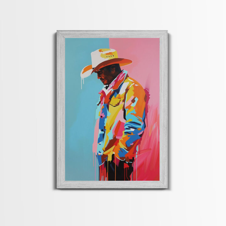 Colorful Pensive Cowboy Art - Framed Canvas Print, Vibrant Living Room Decor, Unique Wall Art, Modern Home Decor