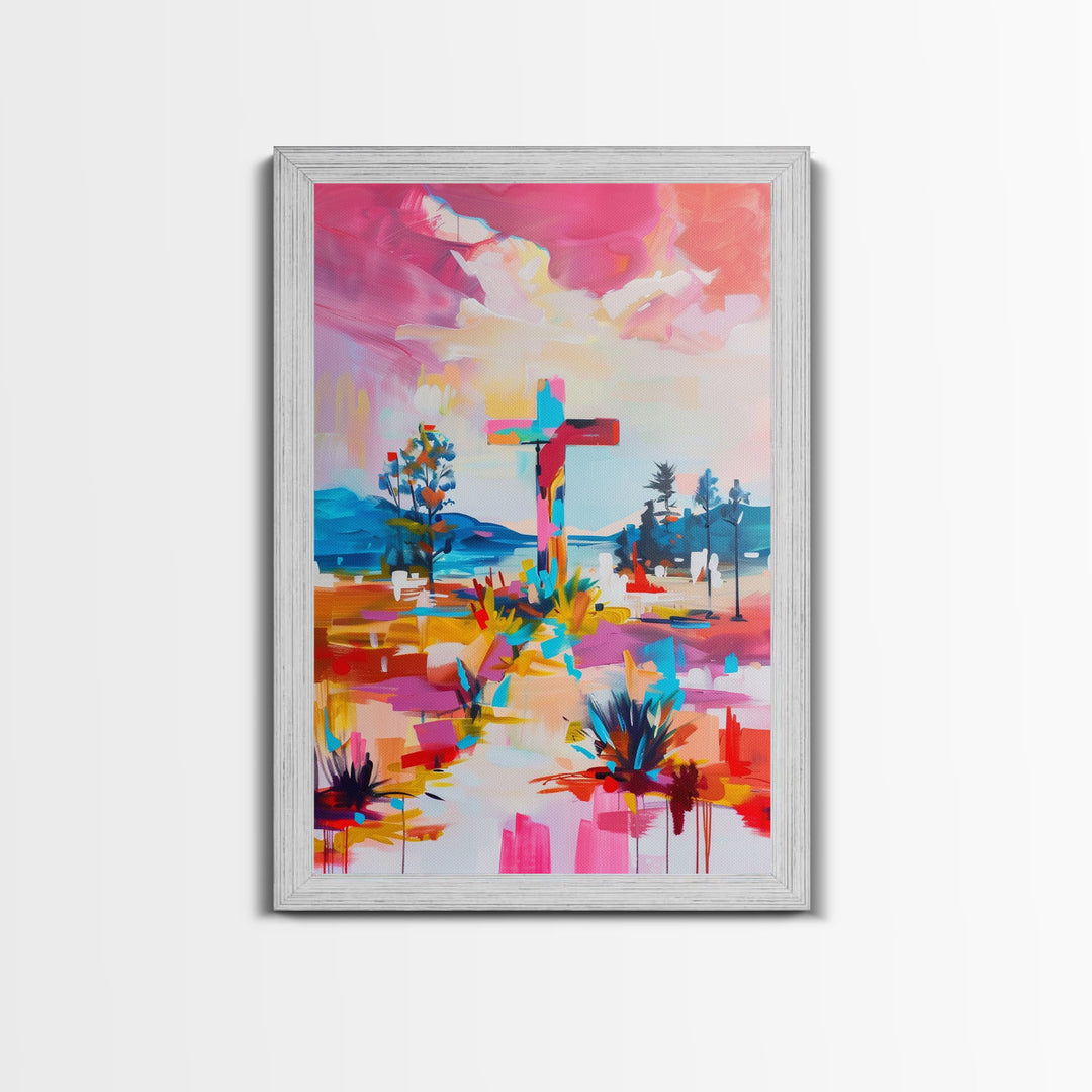 Cross on Vibrant Landscape - Framed Canvas Print, Colorful Western Art, Inspirational Wall Art for Living Room Decor