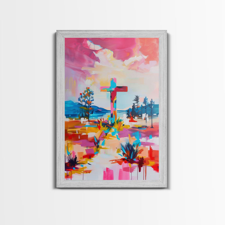Cross on Vibrant Landscape - Framed Canvas Print, Colorful Western Art, Inspirational Wall Art for Living Room Decor