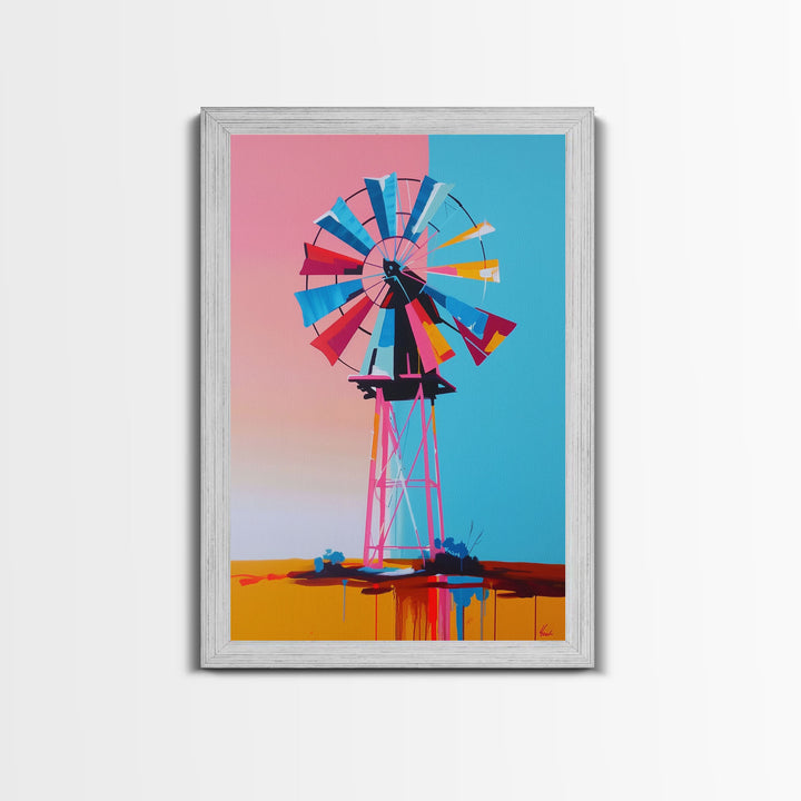 Bright Windmill Abstract Art - Framed Canvas Print, Whimsical Windmill Decor, Colorful Farmhouse Wall Art, Unique Living Room Decor
