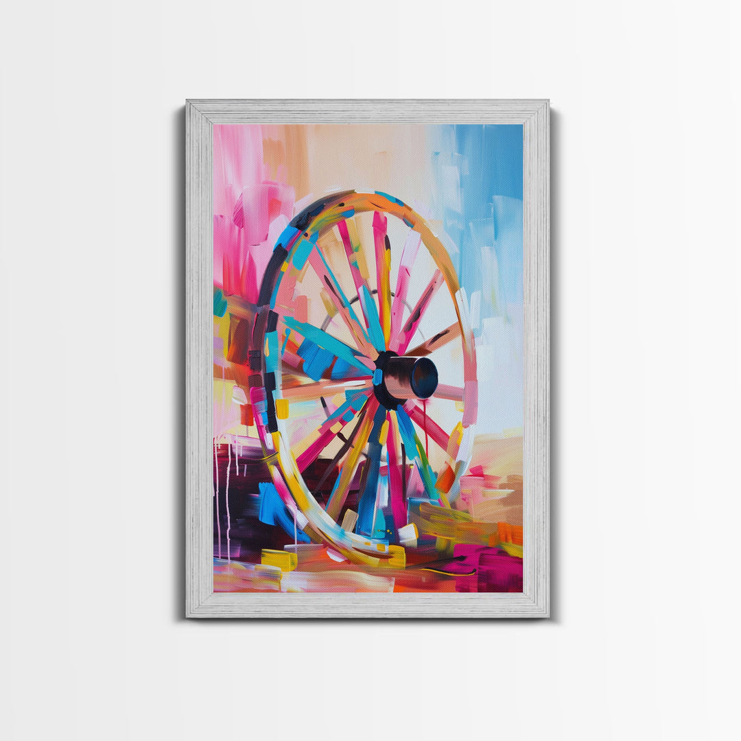 Vintage Wagon Wheel Canvas Art - Framed Canvas Print, Rustic Farmhouse Decor, Colorful Wheel Wall Art, Retro Bedroom Decoration