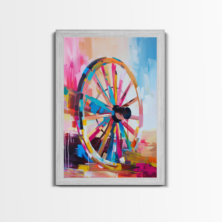 Vintage Wagon Wheel Canvas Art - Framed Canvas Print, Rustic Farmhouse Decor, Colorful Wheel Wall Art, Retro Bedroom Decoration