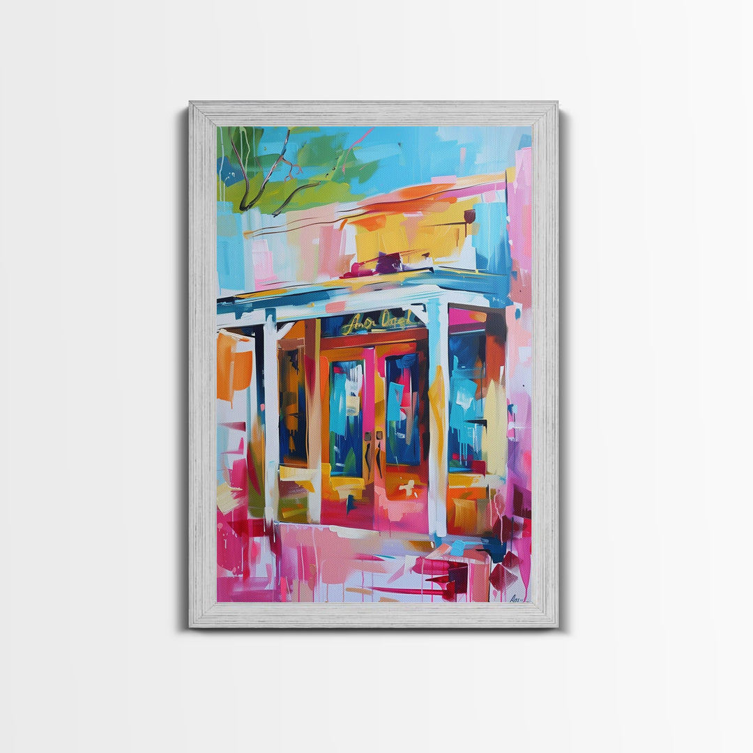 Colorful Abstract Storefront - Framed Canvas Print, Urban Landscape Art, City Vibes Decor for Home or Office