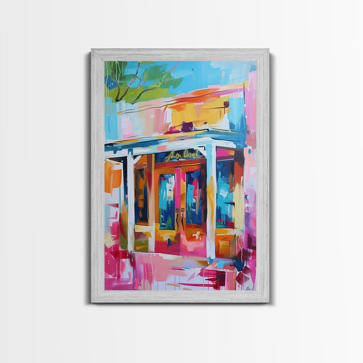 Colorful Abstract Storefront - Framed Canvas Print, Urban Landscape Art, City Vibes Decor for Home or Office