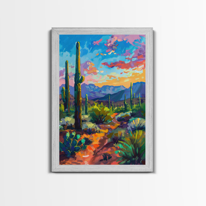 Framed Canvas Print, Cactus and Desert Path Wall Art, Vibrant Southwest Landscape for Living Room or Bedroom, Nature Art Poster Piece