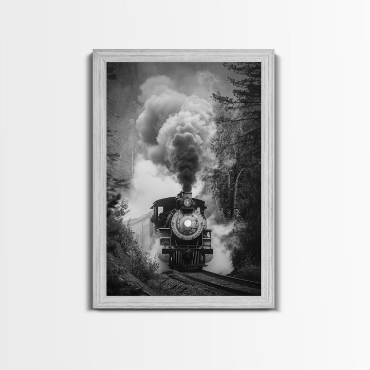 Steam Locomotive in the Forest Black and White Photography - Framed Canvas Print, Railroad Art, Vintage Train Wall Art for Home