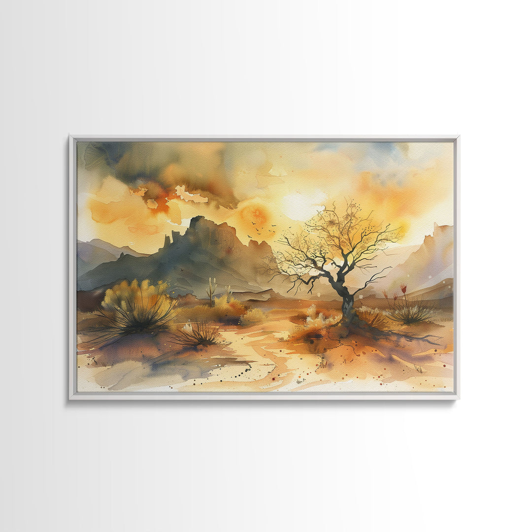 Large Wall Art Desert Print, Wood Framed Canvas Print, Original Artwork, Watercolor Landscape Painting, Minimalist Wall Art