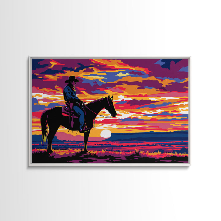 Cowboy At Sunset Watercolor Painting Framed Canvas Print, Western Decor, Gift For Him, Guy Gift, Rodeo Art, Southwestern Wall Decor