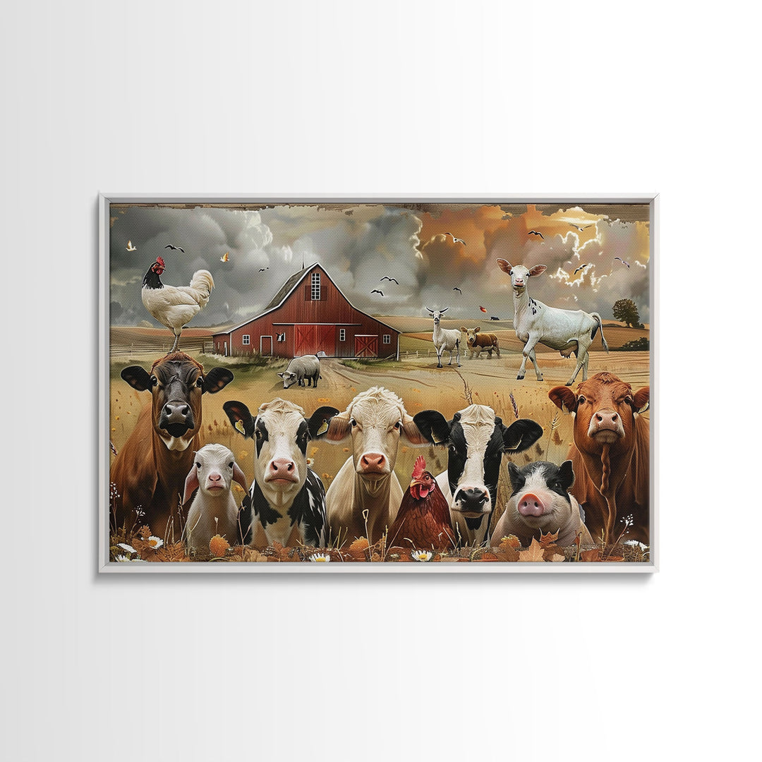 Kitsch Farmhouse Wall Art, Cute Farm Animals On A Fence, Cow Art, Pig Print, Red Barn Wall Art, Wood Framed Art