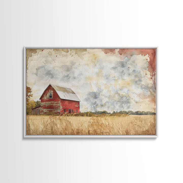 Red Barn Watercolor Painting Framed Canvas Print, Watercolor Painting From Photo Landscape, Wall Decor, Home Decor