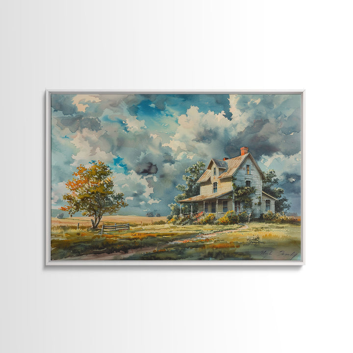 Beautiful Cottagecore Kitsch Framed Canvas Print Of An Old Farmhouse, Watercolor Painting, Custom Original Art, Living Room Decor