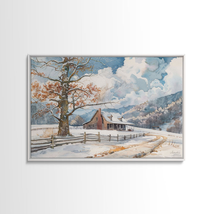 Painting Of A Farmhouse In The Winter, Cottagecore, Framed Canvas Print, Kitsch Home Decor, Western Country Art, Living Room Decor