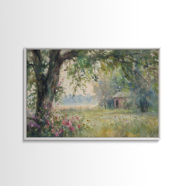 Painting Of An Old Farmhouse In The Spring, Framed Canvas Print, Watercolor Painting, Original Art, Living Room Art, Wall Art