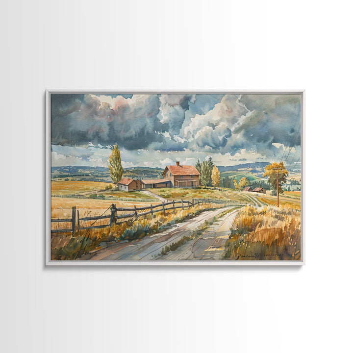 Primitive Farmhouse Watercolor Painting Framed Canvas Print, Framed Art, Wood Frame Art, Kitsch Decor, Southwestern Decor, Rustic Art