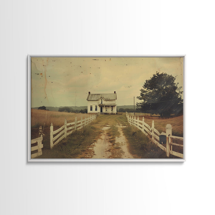 Old Photo Print Of An 1800s Farmhouse, White Picket Fences, Vintage Style Wall Art, Framed Canvas Print, Rustic Primitive Wall Art