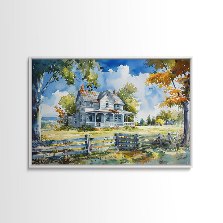 Retro Watercolor Painting Print Of A Vintage Farmhouse, Kitsch Art, Wall Art, Farmhouse Decor, Western Art For Living Room