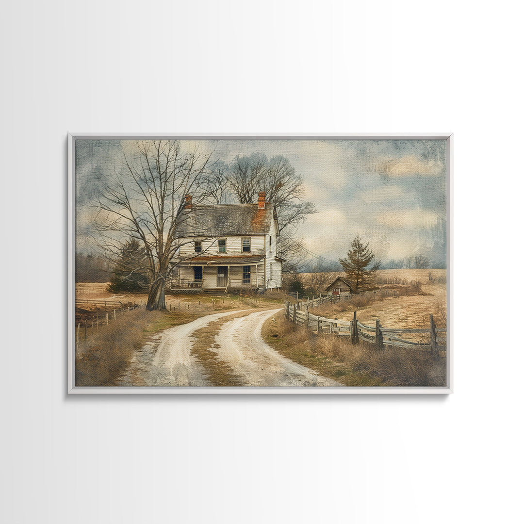 Old Country Roads Framed Wall Art Canvas Print, Water Color Painting Of A Rustic Cottage, Texas Decor, Southwest Wall Art