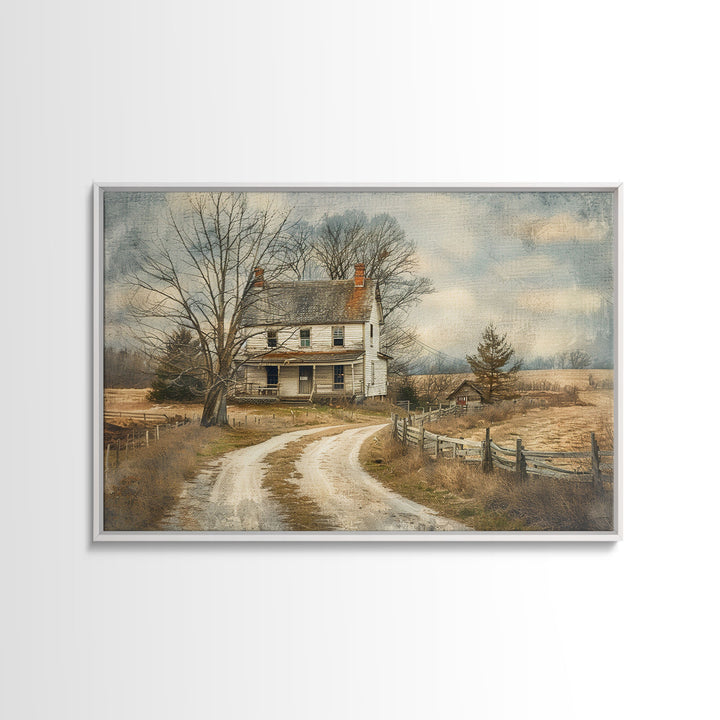 Old Country Roads Framed Wall Art Canvas Print, Water Color Painting Of A Rustic Cottage, Texas Decor, Southwest Wall Art