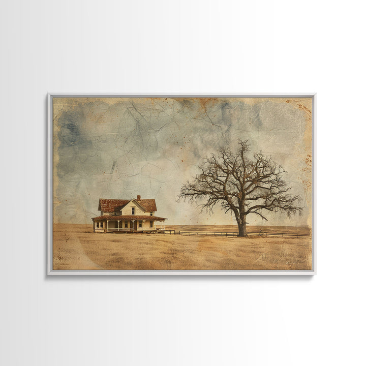 Little Farmhouse On A Texas Prairie Framed Canvas Print, Original Rustic minimalist Art, Wood Frame Rustic Home Decor