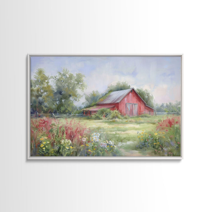 Old Red Barn Rustic Art, Framed Canvas Print Of An Original Art Watercolor Painting, Cottage Core Decor, Whimsical Kitsch Living Room Art