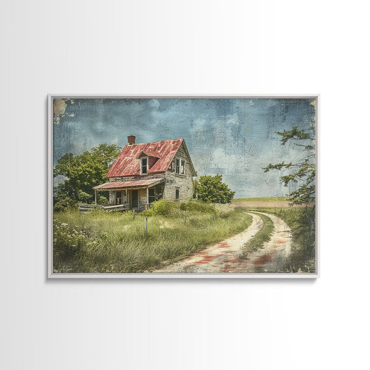 Watercolor Painting Of An Old Red Farmhouse, Framed Canvas Print, Wall Art Prints, Rustic Farmhouse Decor, Minimalist Art, Kitsch Decor