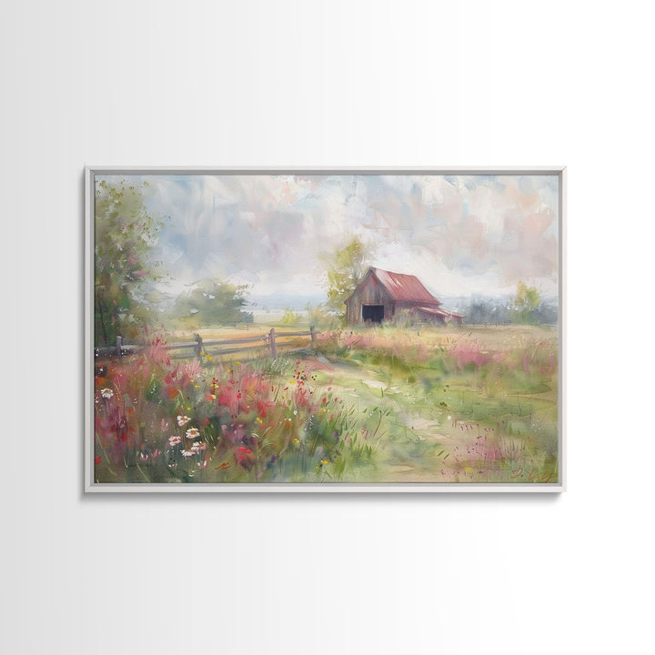 Farm Art, Framed Canvas Print, Rustic Watercolor Painting Of An Old Barn, Farmhouse Color Palette, Boho Decor