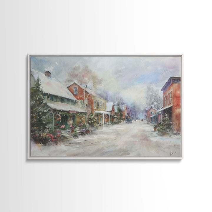 Small Town America At Christmas Time, Framed Canvas Print, Winter Scenary Wall Decor, Folk Art Framed Canvas, Metal Wall Art Living Room