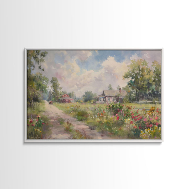 Kitsch Minimalist Watercolor Painting Print Of an Old Country Road, Wood Framed Print, Metal Wall Art, Room Decor, Aesthetic Room Decor