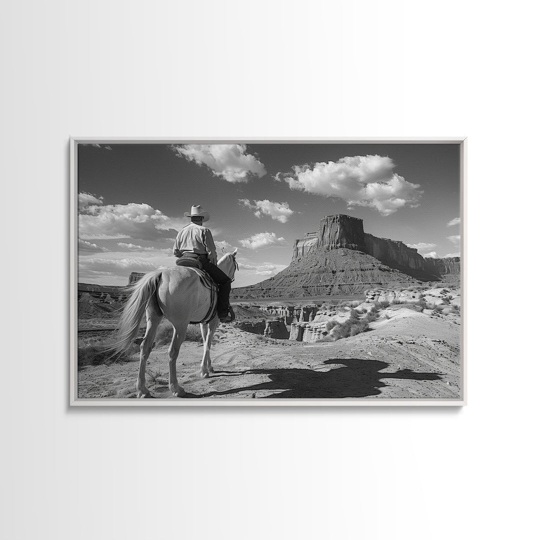Lonesome Canyon Arizona Framed Canvas Print, Cowboy Print, Black and White Photography Wall Art, Country Farmhouse Decor, Metal Print