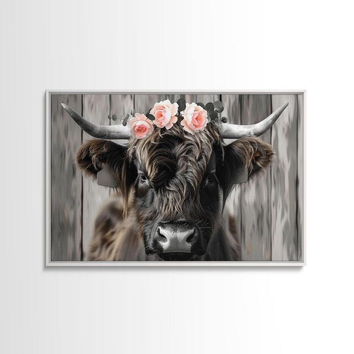 Framed Canvas Wall Art, Cute Highland Cow Print, Modern Wall Art Farmhouse Decor, Fun Rustic Farmhouse Art, Life On The Farm, Cow and Flower