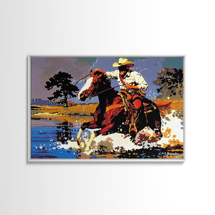 Cowboy Crossing The Colorado River, Arizona Print, Original Painting Framed Canvas Print, Western Home Decor, Wild West Art
