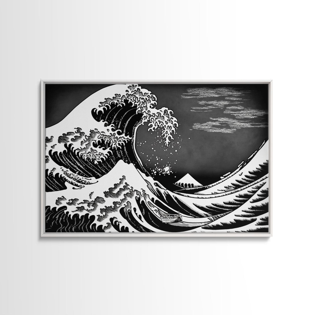 Black and White Wave Canvas Print, Hokusai Inspired Wall Art, Woodblock Print Style, Wall Art, Vintage Style Wall Art