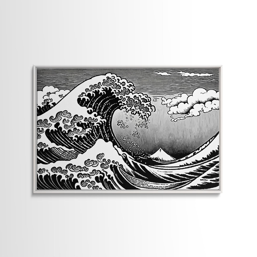 Black and White Wave Canvas Print, Hokusai Inspired Wall Art, Japanese Style Wall Art, Living Room Home Decor, Unique Wall Art