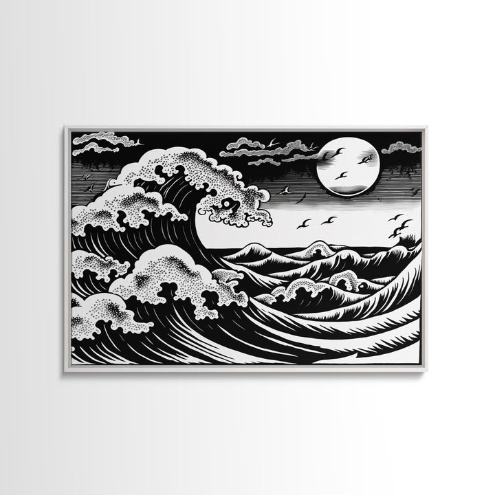 Black and White Wave Canvas Print, Hokusai Inspired Wall Art, Woodblock Print Style, Wall Art, Vintage Style Wall Art