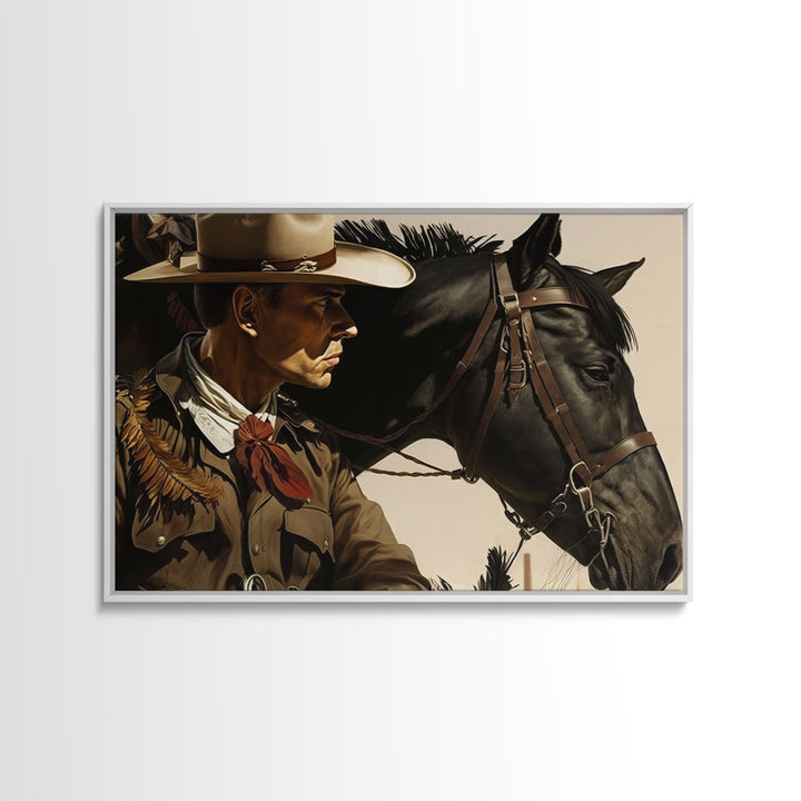 Vintage Cowboys Painting Print Horse Wall Art Canvas Hunting Southwest Sketch Drawing Poster Framed Antique Country Rustic Farmhouse Decor