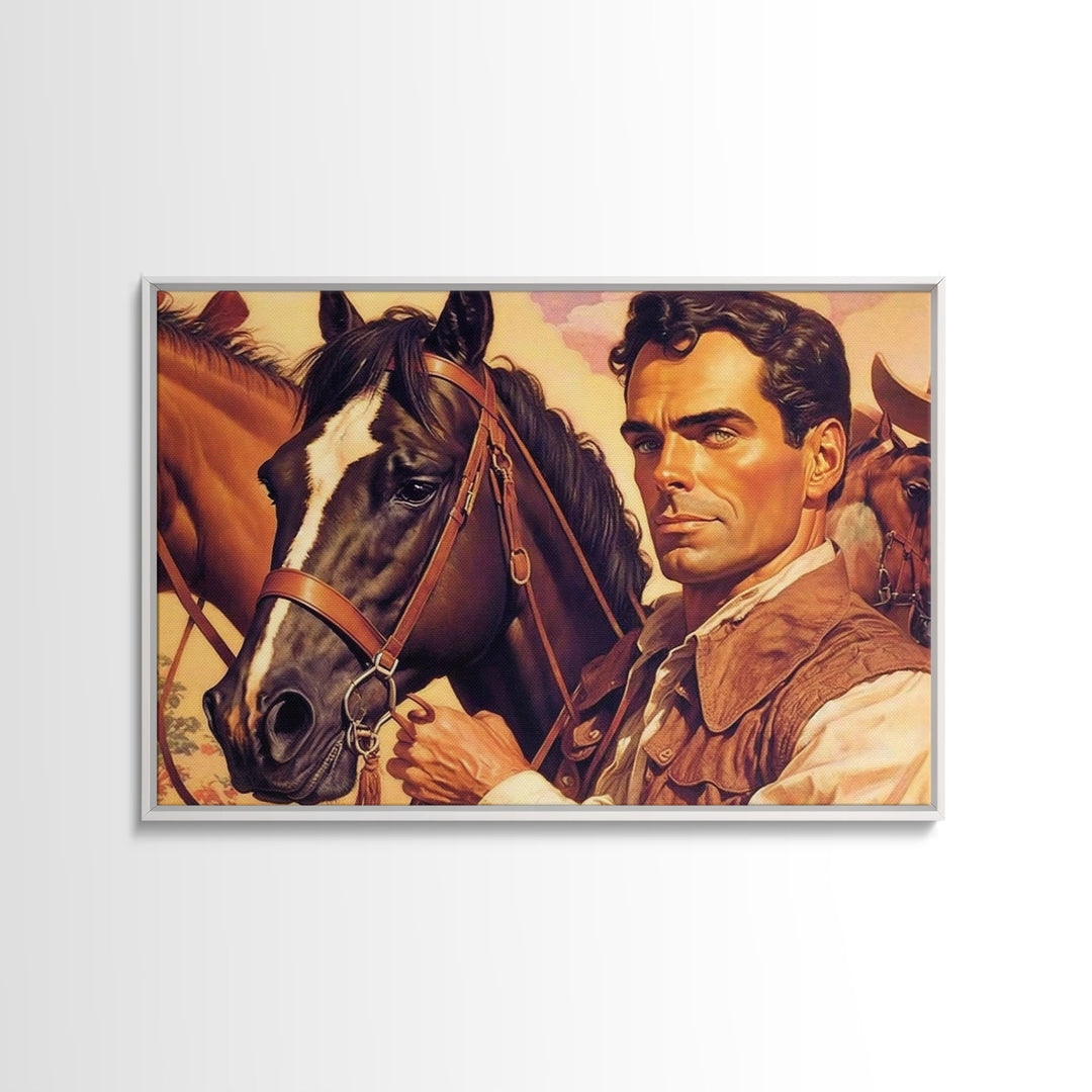 Vintage Cowboys Painting Print Horse Wall Art Canvas Hunting Southwest Sketch Drawing Poster Framed Antique Country Rustic Farmhouse Decor