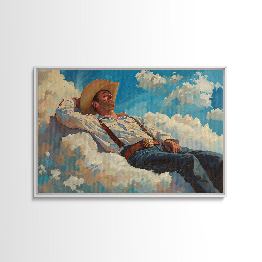 Cowboy In The Clouds | Framed Canvas Print or Metal Art | Wild West Decor | Cottagecore | Southwestern Art Home Decor, Farmhouse Western Art