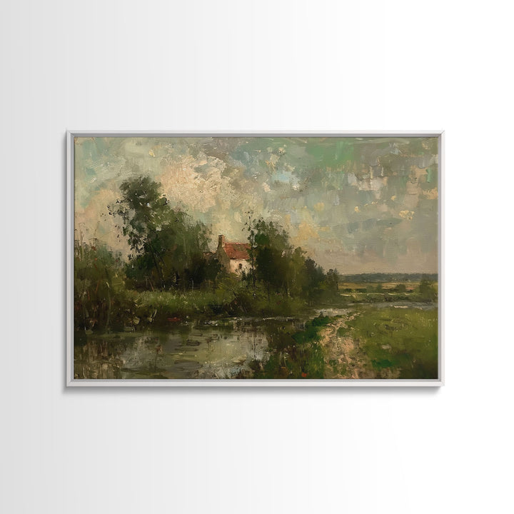Slightly Scorched Vintage Landscape Painting Canvas Print - Farmhouse Painting - Wall Art - Large Print