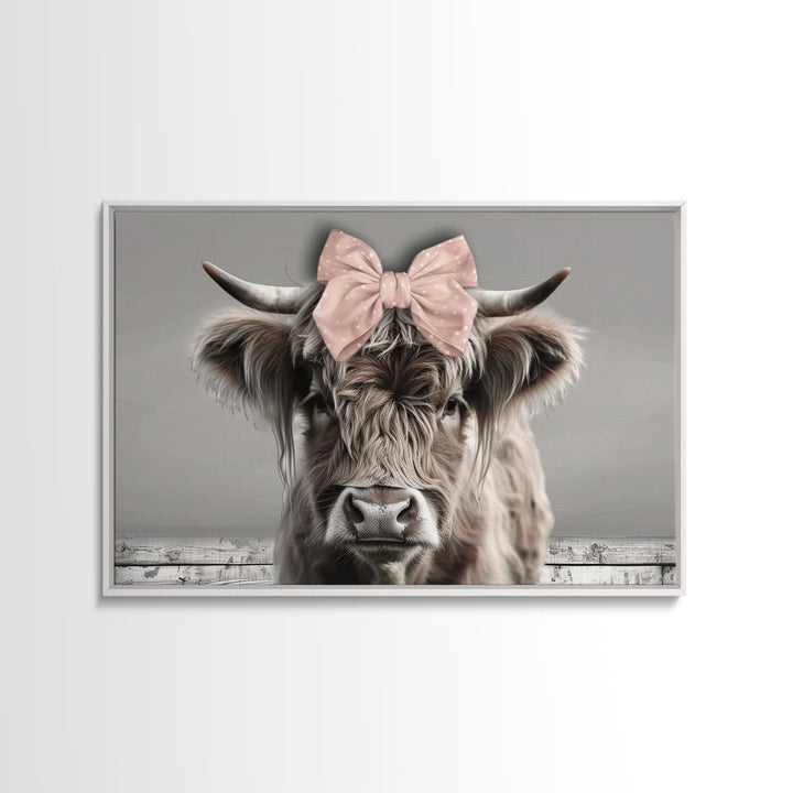 Framed Canvas Print, Cute Highland Cow Wearing A Pink Bowtie, Framed Wall Decor, Rustic Minimalist Farmhouse Decor, Western Art