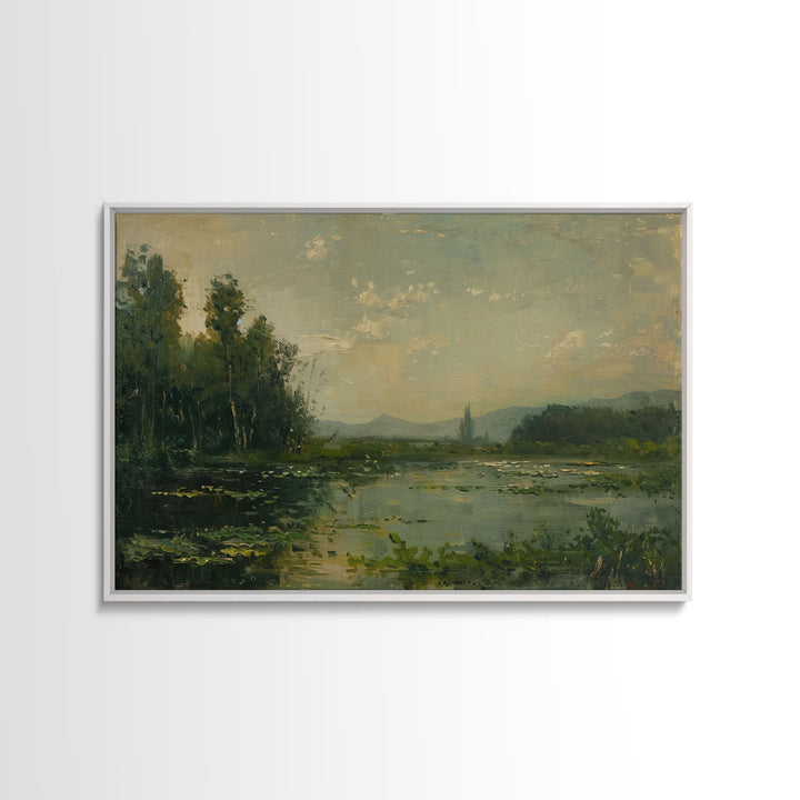 Dutch Landscape With Lake Framed Canvas Print Oil Painting, Wood Frame Wall Art, Cottage Core, Farmhouse Decor, Living Room Art