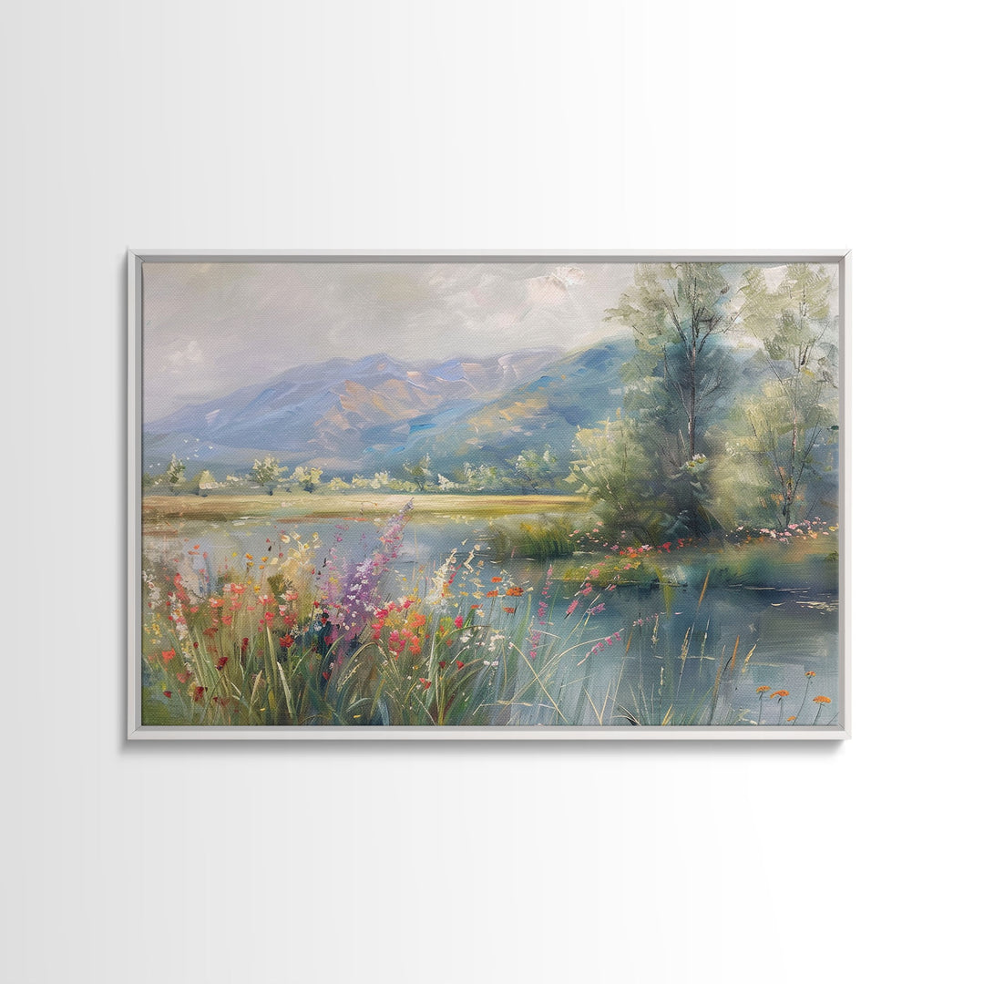 Dutch Landscape With Lake Framed Canvas Print Oil Painting, Wood Frame Wall Art, Cottage Core, Farmhouse Decor, Living Room Art