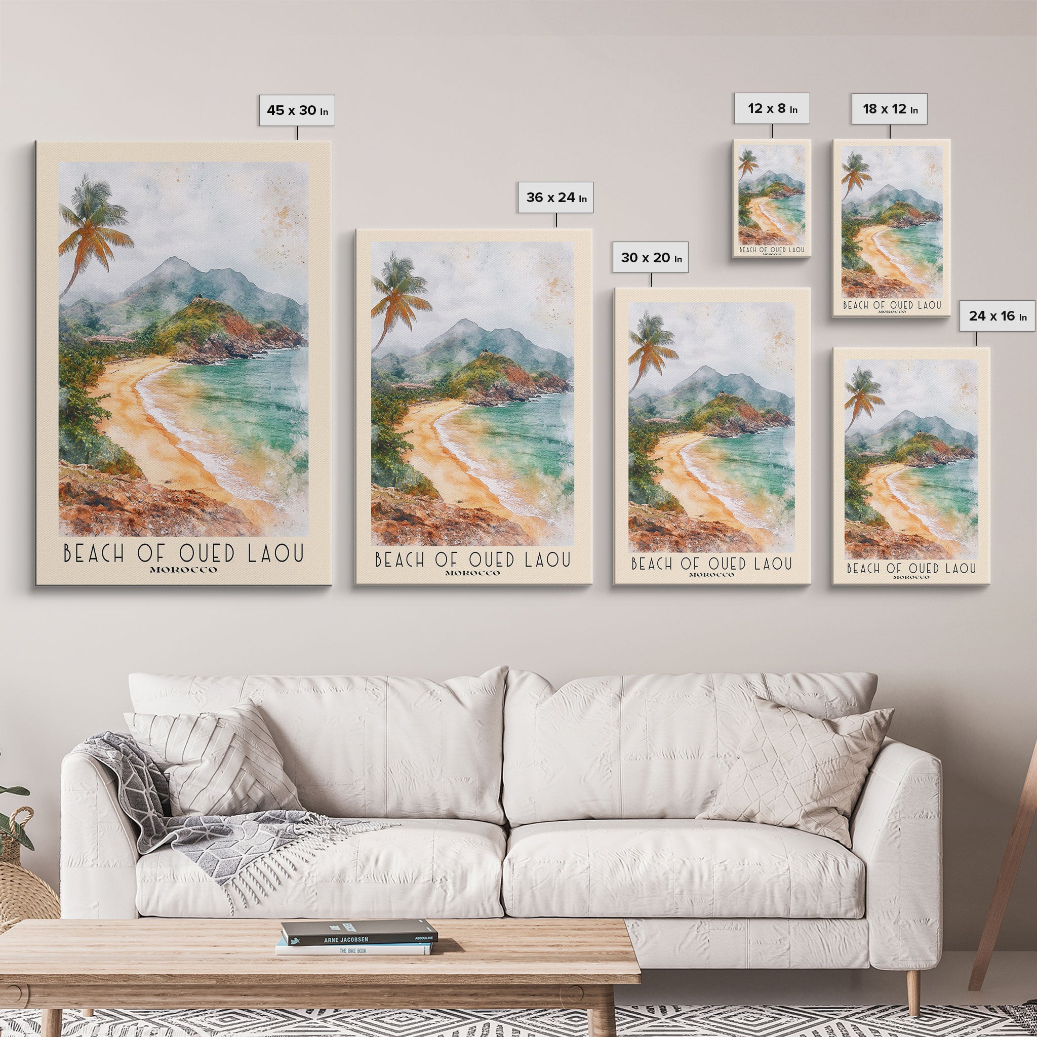 Beach of Oued Laou, Morocco Watercolor Print, Vacation Gift, Morocco Wall Art, Beach Painting, Beach Decor, Large Wall Art, Wood Frame Art