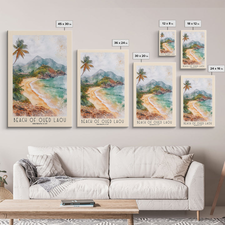 Beach of Oued Laou, Morocco Watercolor Print, Vacation Gift, Morocco Wall Art, Beach Painting, Beach Decor, Large Wall Art, Wood Frame Art