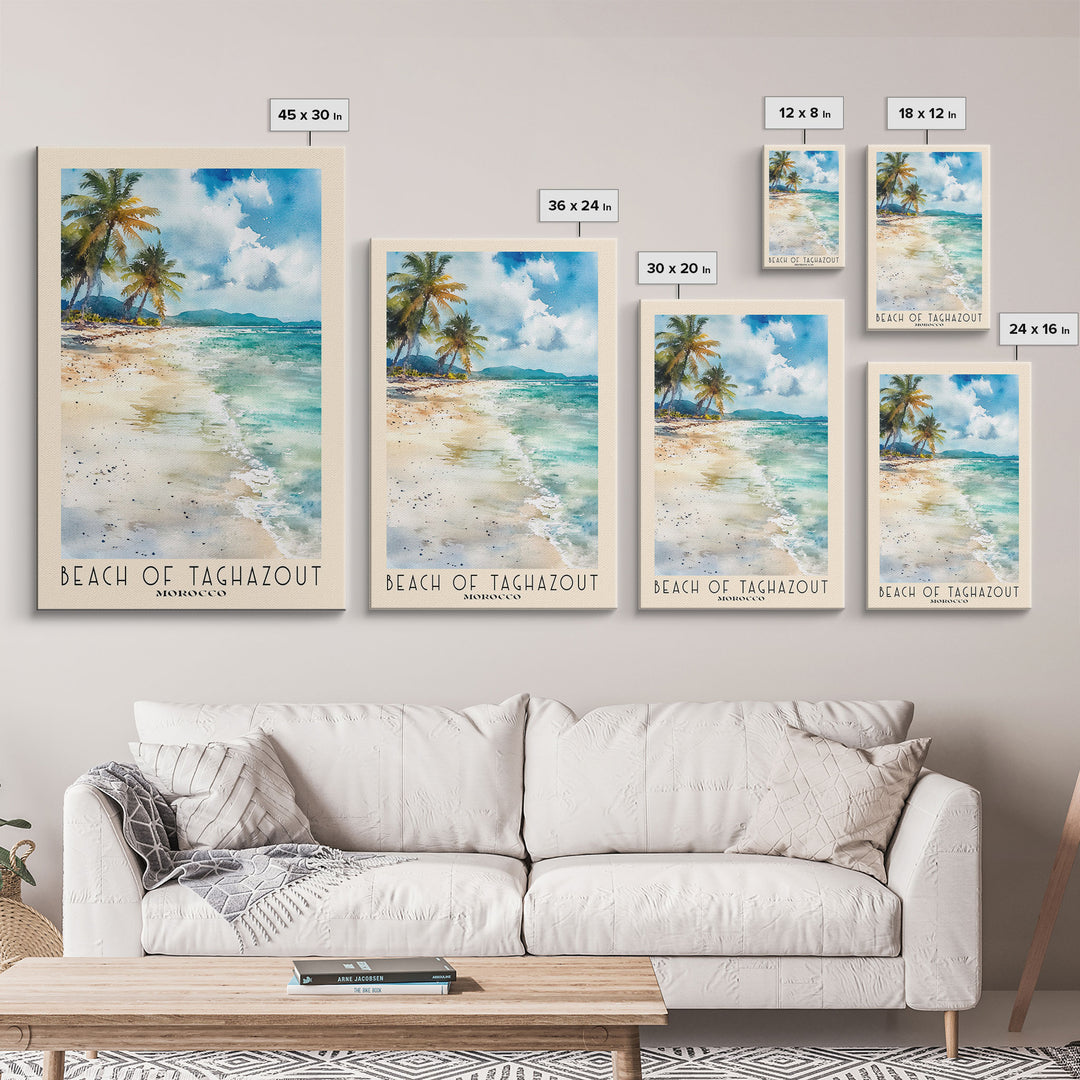 Beach of Taghazout, Morocco Watercolor Beach Print, Vacation Gift, Morocco Wall Art, Framed Canvas Print, Framed Beach Painting
