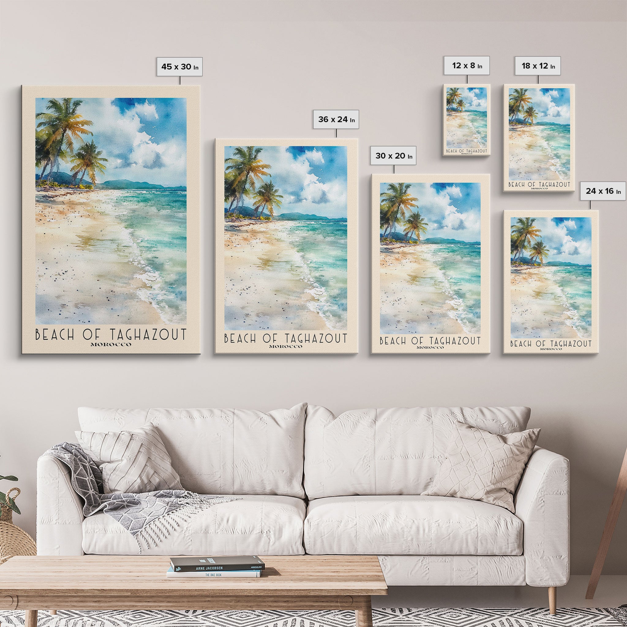 Beach of Taghazout, Morocco Watercolor Beach Print, Vacation Gift, Morocco Wall Art, Framed Canvas Print, Framed Beach Painting