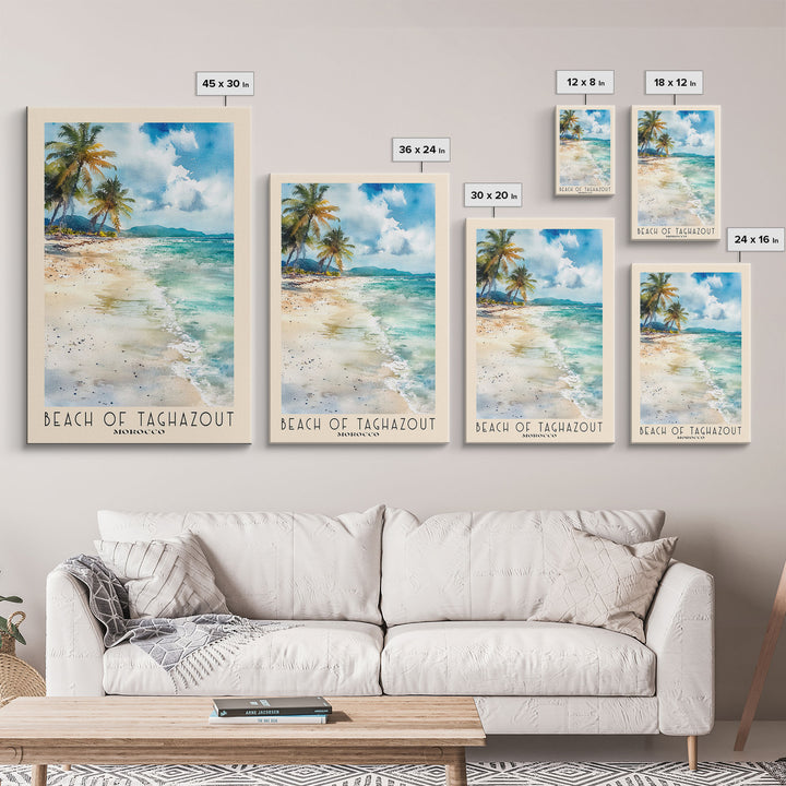 Beach of Taghazout, Morocco Watercolor Beach Print, Vacation Gift, Morocco Wall Art, Framed Canvas Print, Framed Beach Painting
