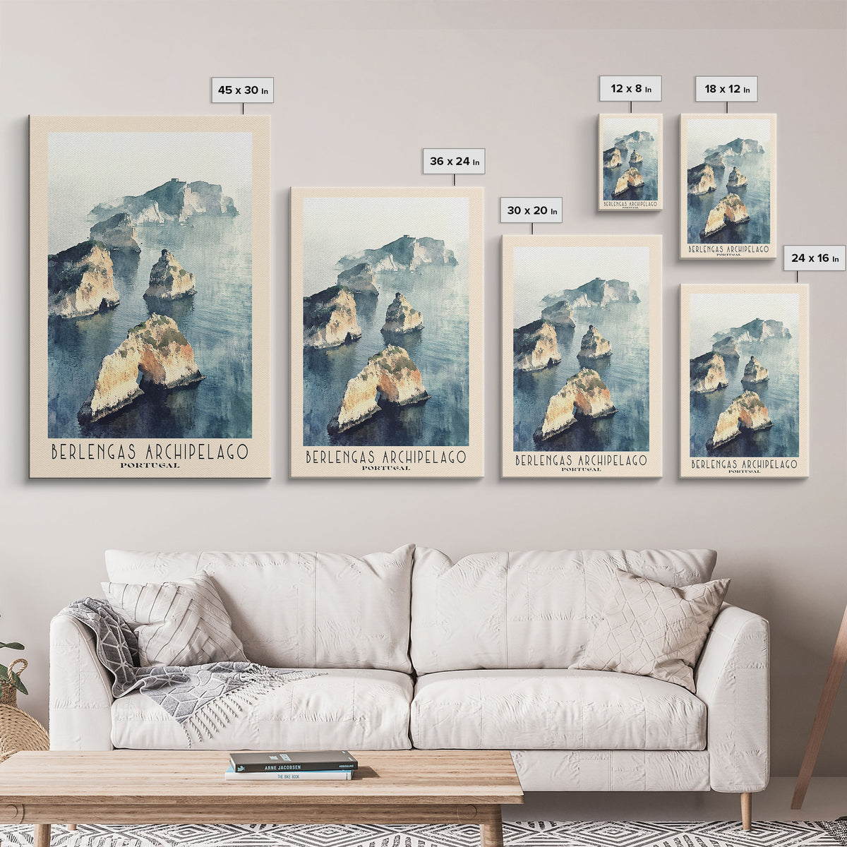 Berlengas Archipelago, Portugal Watercolor Print, Vacation Gift, Portugal Wall Art, Beach Painting, Beach Decor, Large Wall Art, Wood Frame Art