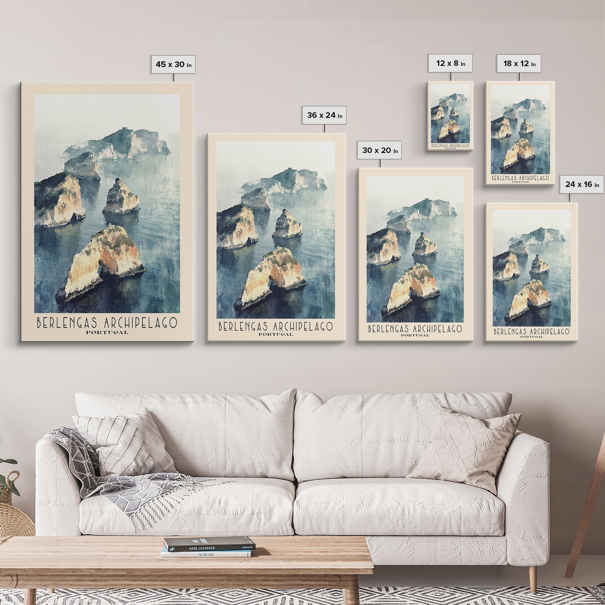 Berlengas Archipelago, Portugal Watercolor Print, Vacation Gift, Portugal Wall Art, Beach Painting, Beach Decor, Large Wall Art, Wood Frame Art